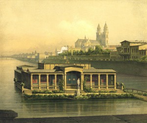 Die Badeanstalt von Louis Sintenis und Heinrich Kayser im Jahr 1840 auf der Elbe.